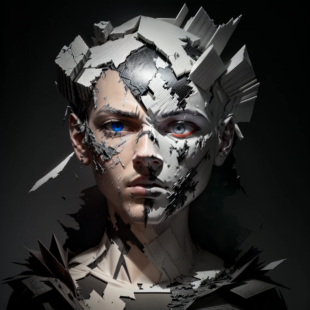 a black and white photo of a face with broken pieces of paper, cracked porcelain face, subject made of cracked clay, broken mask, inspired by Igor Morski, shattered abstractions, shattered wall, shattering, shattered, 3d portrait, 3d render digital art, detailed face ), digital sculpture, made of paper, fragmented, by Patrick Pietropoli