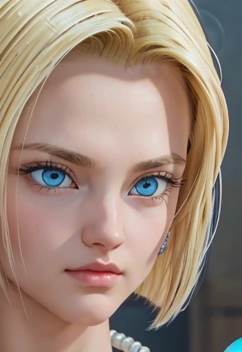 masterpiece, Close-up of Android 18, Blonde with big tits , blue eyes smooth skin detailed face perfectly eyeliner voluminous lips upturned nose extraordinary beauty wallpaper fanart hyperrealistic high resolution 12k