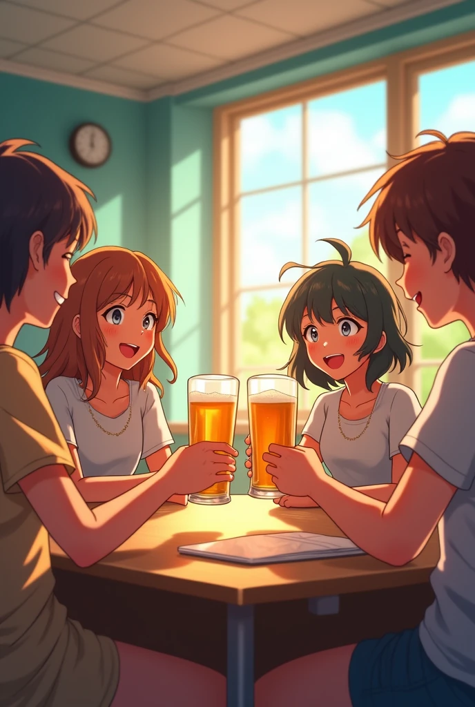 a party in classroom, summer day, they are enjoyed a beer together, happy look, anime, anime style, cinematic lighting, high detail, Conceptual art, Social realism, masterpiece, high details, best quality, 4K, accurate