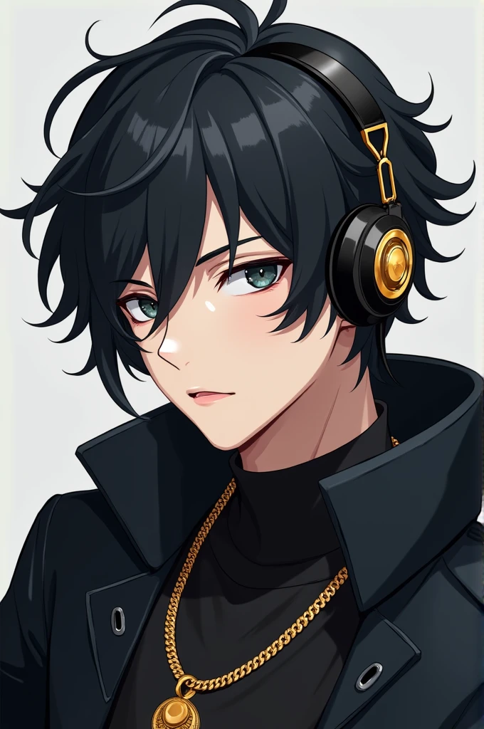 Black hair wearing headset and black clothes wearing gold necklace anime boy