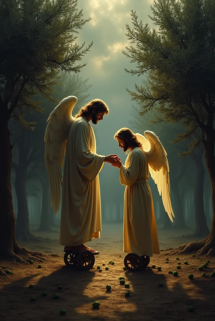 in a dark olive orchard Jesus stands on wheels praying and an angel guy leans over him and gives him strength