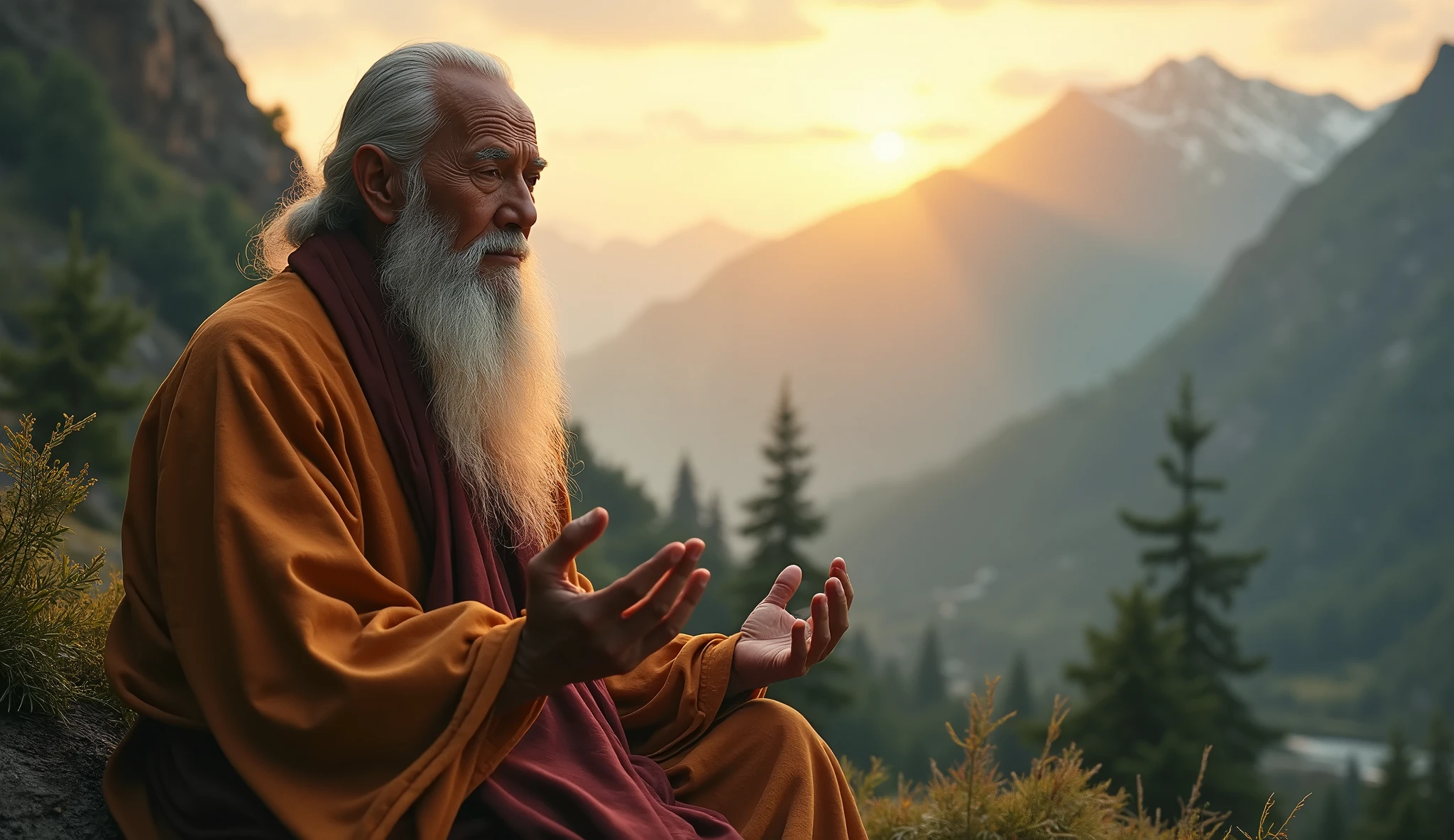A peaceful and wise old guru meditating in a serene mountain landscape, wearing traditional robes, with a calm and thoughtful expression, 1 old man, detailed portrait, detailed face, detailed eyes, detailed fingers, mountains, forest, sunrise, warm lighting, mist, peaceful atmosphere, cinematic, dramatic lighting, highly detailed, photorealistic, 8k, masterpiece