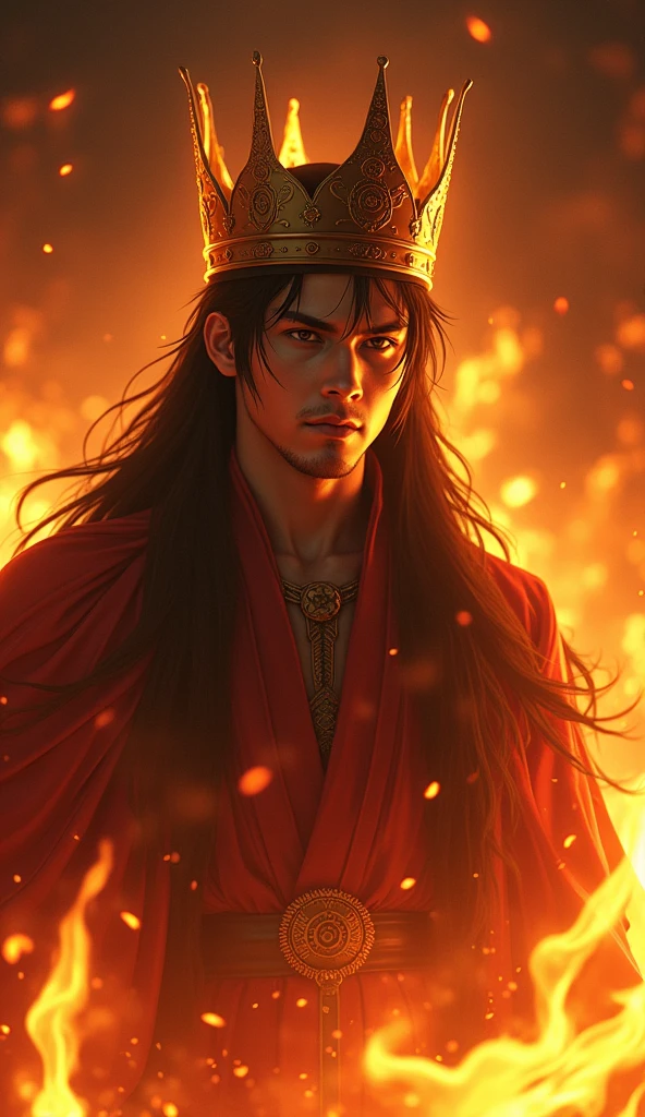 Satoru Gojo, wearing crown, standing in fire, smiling intensly, camera close shot