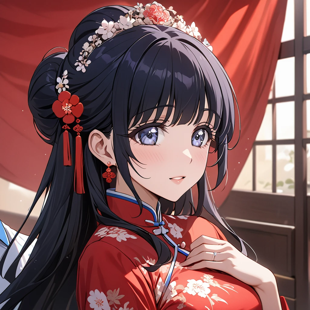 ((Highest quality)), ((masterpiece)), (detailed), (Perfect Face)、The woman is Aoki Reika, with medium-long hair, wearing a red Chinese wedding dress and an engagement ring.、The woman married a Chinese Communist Party member and had a lavish wedding.