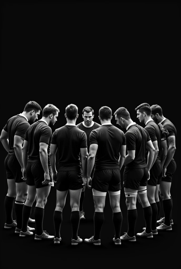 black and white image of a rugby team concentrating in a circle