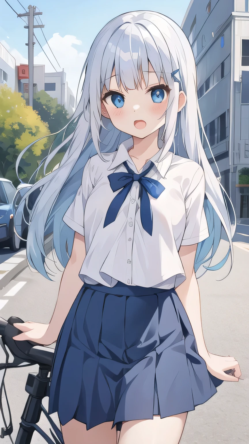 cute girl, アニメ, silver hair, straight hair, Blue eyes, outdoor, cowboy shot, (orgasm:1.1), (young:1.4), dark blue skirt, white camisole, small bust, school uniform, (sheer bra:0.8), (cute:1.1), blue hair ribbon, ride a bicycle