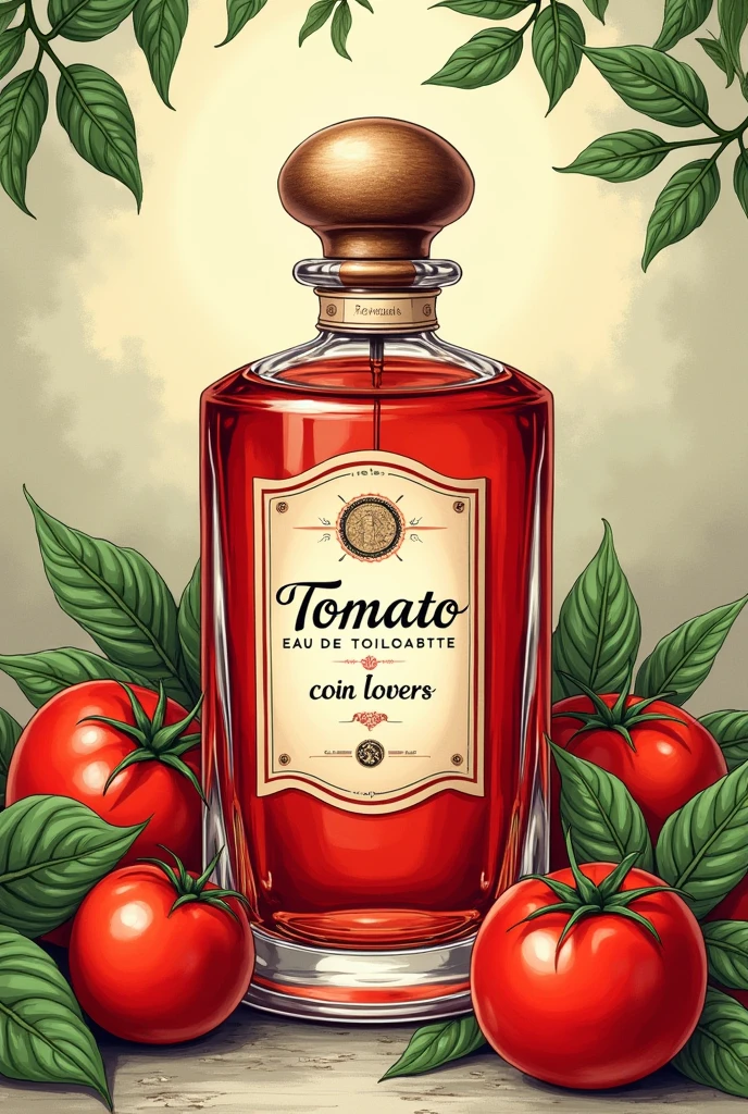 Image illustrations vintage d’un flacon de parfums, transparent rouge, inscrit sur l’étiquette du flacon « Coin Coin Lovers » et « Eau de Tomate », en arrière plan des tomates et du basilic frais