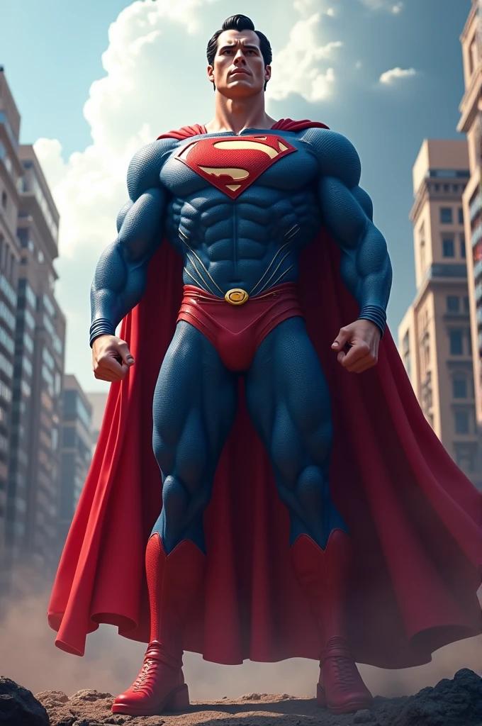 Create a realistic image of a giant superman style in blue and red,with the red cape and the symbol on the chest, CREATE A SCENARIO 