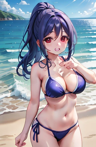 Minamimatsuura, Kanan Matsuura, Blue Hair, Long Hair, ponytail, (Purple eyes:1.1), Side Lock, Looking at the audience, break (Tabletop:1.2), Highest quality, High resolution, unity 8k wallpaper, (figure:0.8), (Beautiful attention to detail:1.6), Highly detailed face, Perfect lighting, Highly detailed CG, (Perfect hands, Perfect Anatomy),(Blue Bikini:1.3)、(Beach:1.3), Cowboy Shot、Laughing with your mouth open、solo,Large Breasts