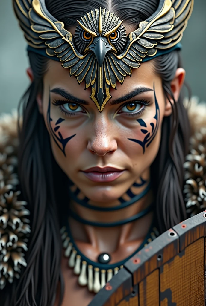 Close up face of beautiful viking queen, wooden shield in hand, eagle crown , tribal design on the eyes, Angry, bone ornaments on the neck, leather armor, focused