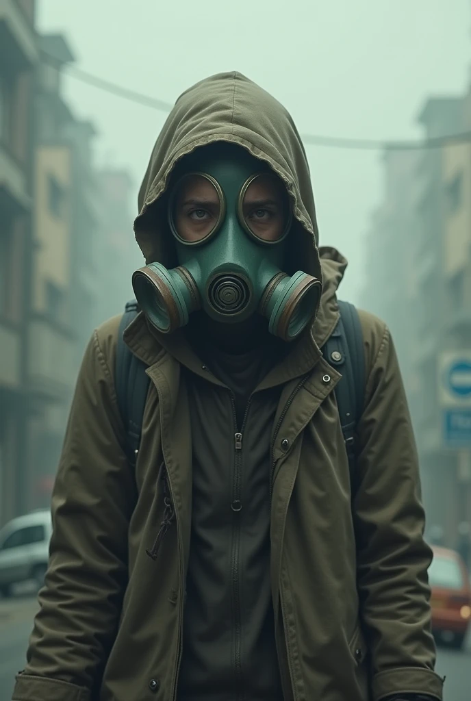 A person wearing a gas mask, standing in front of a polluted cityscape. The city is shrouded in smog, and the person's eyes are filled with tears
