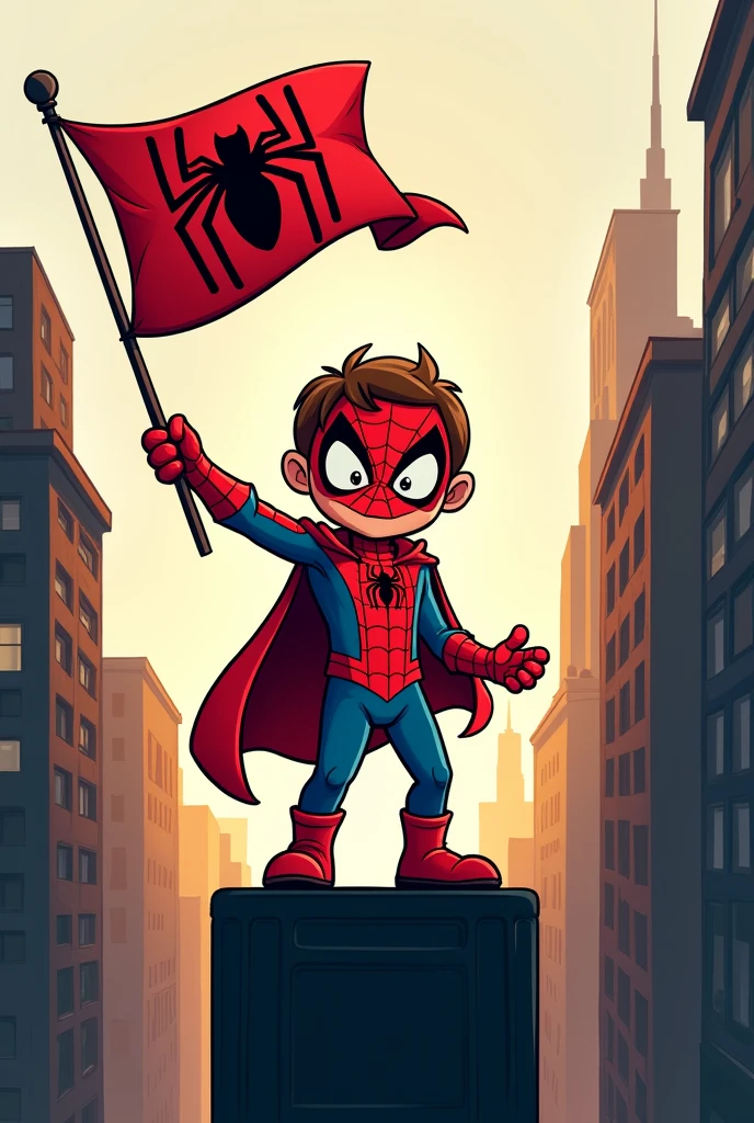 A child dressed as Spider-Man on the top of building, with the shadows of buildings behind him, and a banner with the superhero written on it Cartoon drawing 2d with black outline