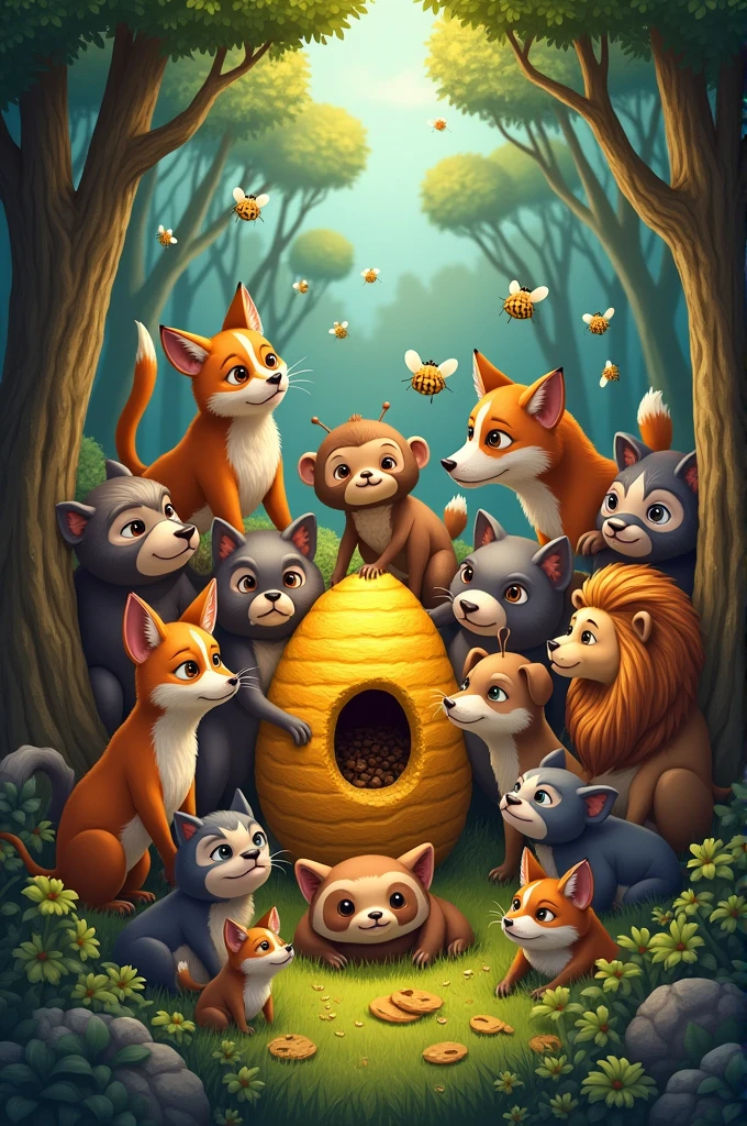 Monkey cat fox dog linon and all forest animals crowend a bee