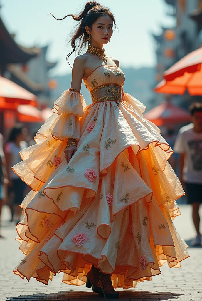 Carnival costume made of plastic bags. The skirt of this carnival costume is so big that it can be put in a small cart, so that when wearing the costume, a model only needs to stand  And when you want to walk, the bottom of the cart has to be pushed by another person. I want this carnival costume to have floral elements, either flowers or leaves. Then I want this carnival costume to also have a little element of traditional Chinese clothing.
