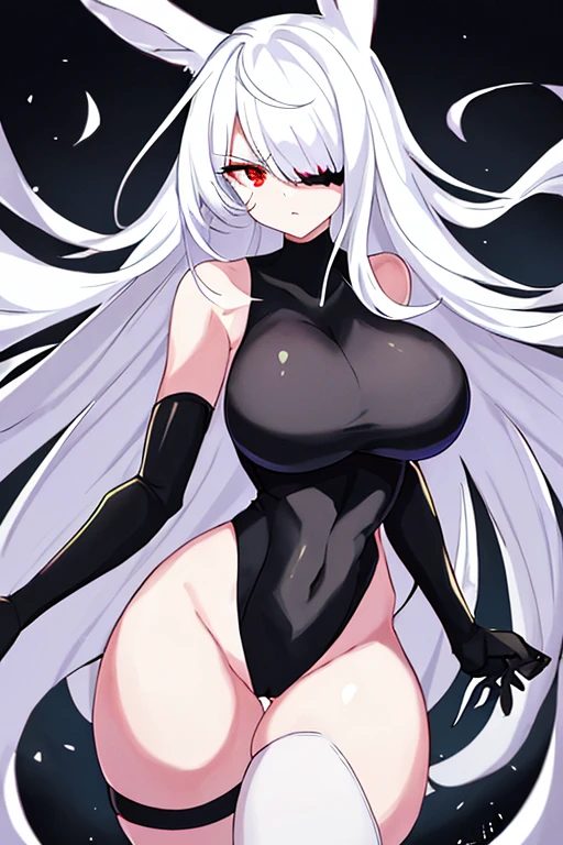 1girl, white hair, leotard, futuristic, bodysuit, thick thighs, wide hips, large breasts, breasts, long hair, red eyes, one-eye covered, serious, hair over one eye, hair over one-eye, science-fiction, thigh strap, sleeveless, black leotard, black clothes, black gloves, 2d, anime style, anime screencap