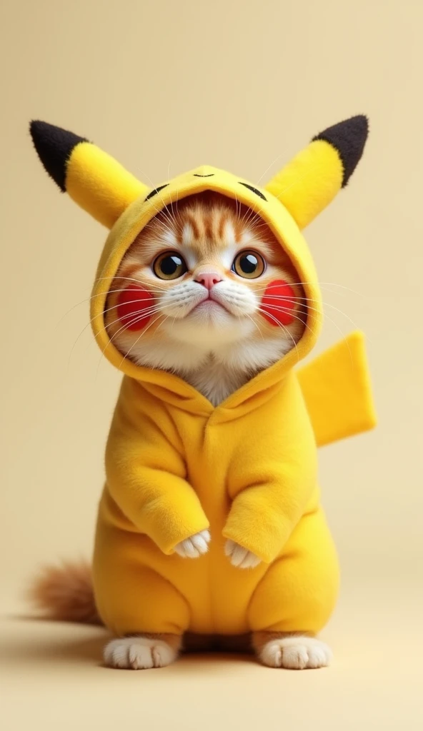 a cute cat wearing a Pikachu costume, standing up, real