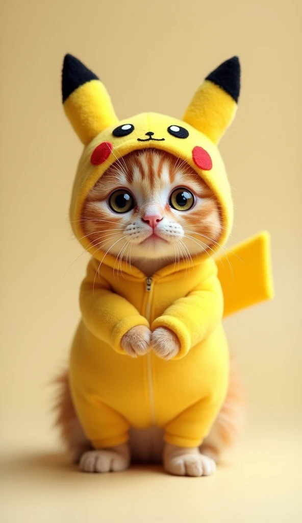 a cute cat wearing a Pikachu costume, standing up, real