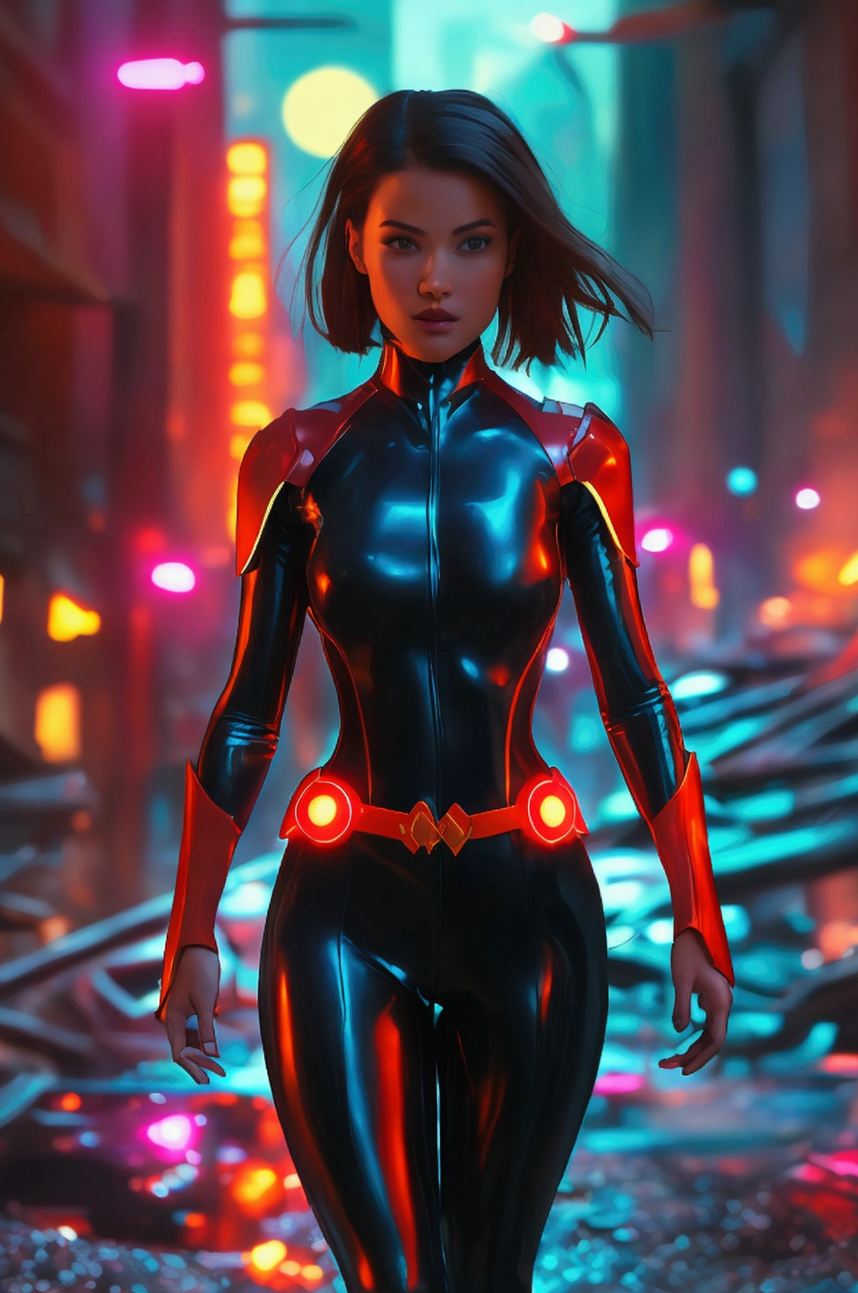 Very hot woman with a sexy cosplay, Tall and athletic, with a brightly colored superhero costume and cape.Walking with determination through a futuristic city.A dark and rainy street, with tall, modern buildings.midnight, with the full moon shining overhead.A post-apocalyptic city, with traces of destruction and technological reconstruction.digital art style, with special effects and a modern touch.ultra high definition, with extremely sharp details.dramatic lighting, with strong shadows and intense lights.