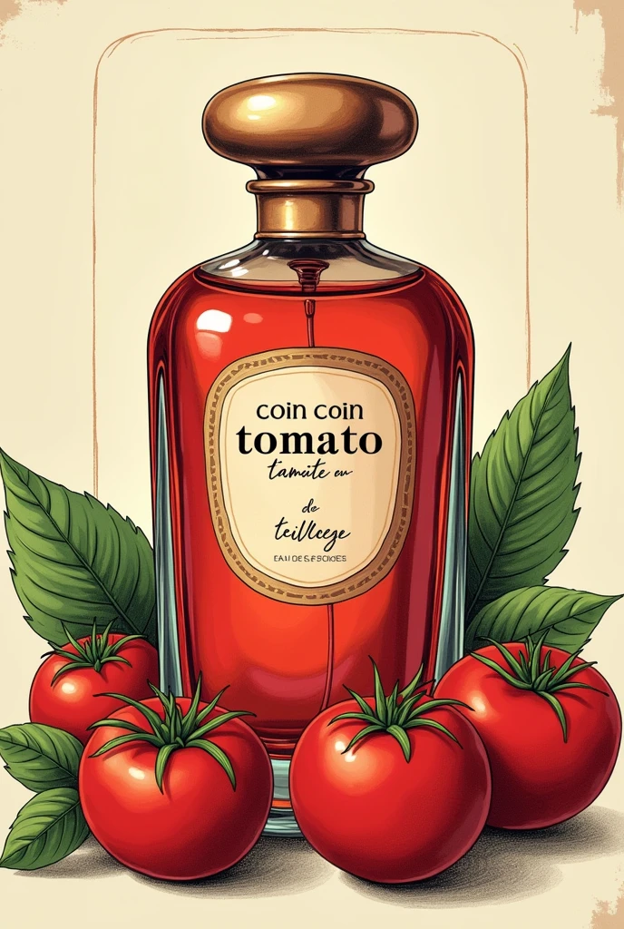 Image illustrations vintage d’un flacon de parfums, transparent rouge, inscrit sur l’étiquette du flacon « Coin Coin Lovers » et  « Eau de Tomate », en arrière plan des tomates et du basilic frais