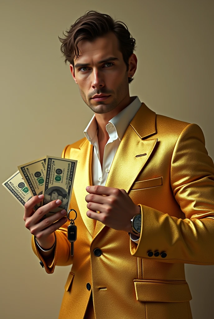 A man image gold dress and first' hand was car key and second hand was money