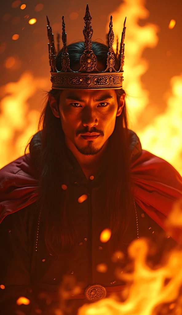 Satoru Gojo, wearing crown, standing in fire, smiling intensly, camera close shot