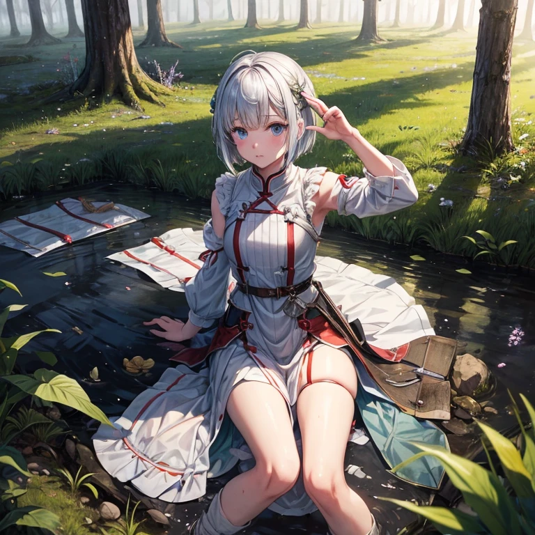 sworgirld young resolvent: battlefield near a spring forest、white fluffy short bob hair,corpses on the ground、A fallen warrior fugitive、metal fisherman's wheel,White skirt/the day,snagre-stained sword、contraction、bloody、worthy, brandishing it ready for combat ,eyes lit up with anger behind him is his master covering his back, an elderly man in a defensive position , blood stained floor, body eveto.sunlight surrounding both.