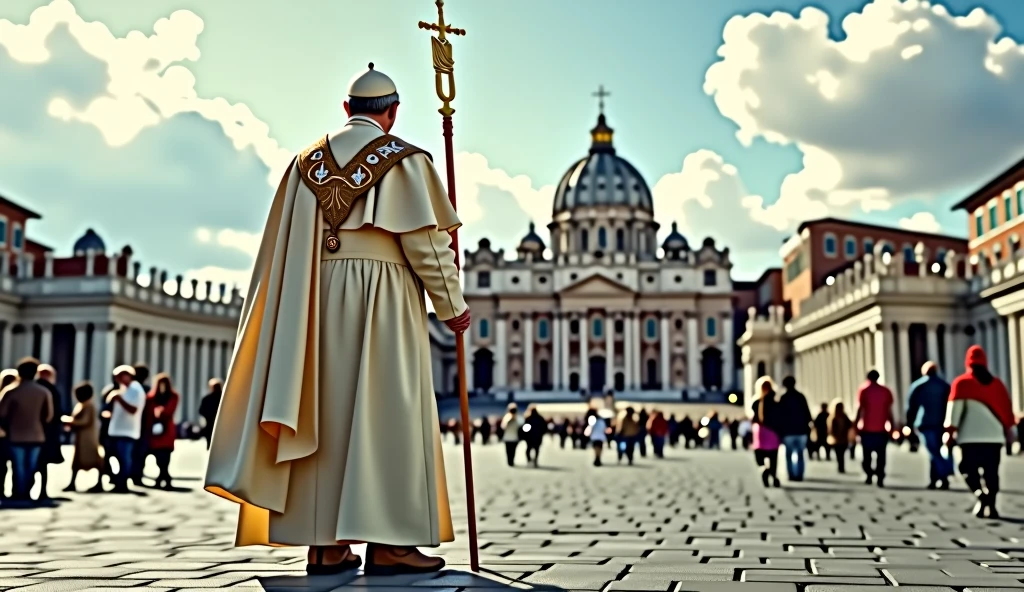 The camera is on the ground and the focal point of the image is the back view of Pope's wearing a laceless, brown, high-top leather boots, typical of field workers. The Pope wears a white tunic decorated with papal insignia, a cloak and a long golden papal scepter with a cross on the top next to him . The background is a panoramic view of St. Peter's Square in the Vatican, crowded with tourists. The scene captures the moment of religious significance and the historical and artistic richness of St. Peter's Square. Ultrarealistic Ultrarealistic photo, 16k, ultra high resolution, photorealistic, Ultra HD.