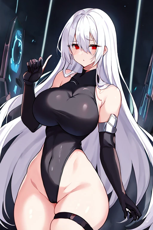 1girl, white hair, leotard, futuristic, bodysuit, thick thighs, wide hips, large breasts, breasts, long hair, red eyes, one-eye covered, serious, hair over one eye, hair over one-eye, science-fiction, thigh strap, sleeveless, black leotard, black clothes, black gloves, 2d, anime style, anime screencap