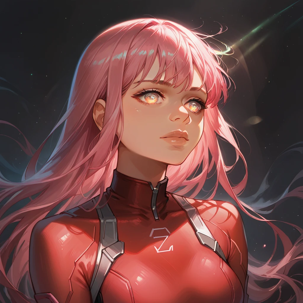 score_9, score_8_up, score_7_up, score_6_up, masterpiece, best quality, anime girl, 1 girl, Zero Two from Darling in Franks, beautiful eyes, detailed eyes, pink hair, long hair, bodysuit, dramatic lights, deep shadows