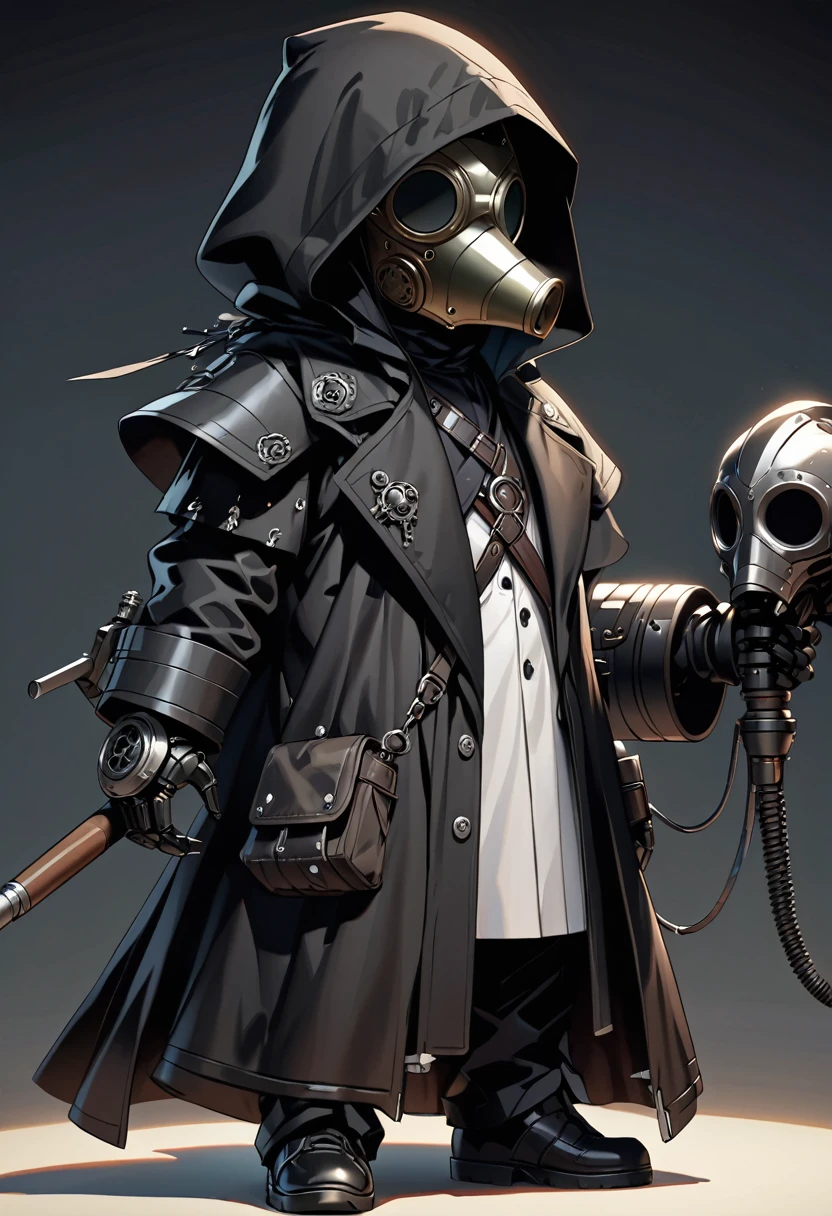 (masterpiece, best quality:1.1), (ultra highres, ultra-detailed:1.2), chibi-boy,((wearing plague-doctor costume,plague-doctor mask)),eyes glow white,black hood,black lab-coat, mecha arm,
