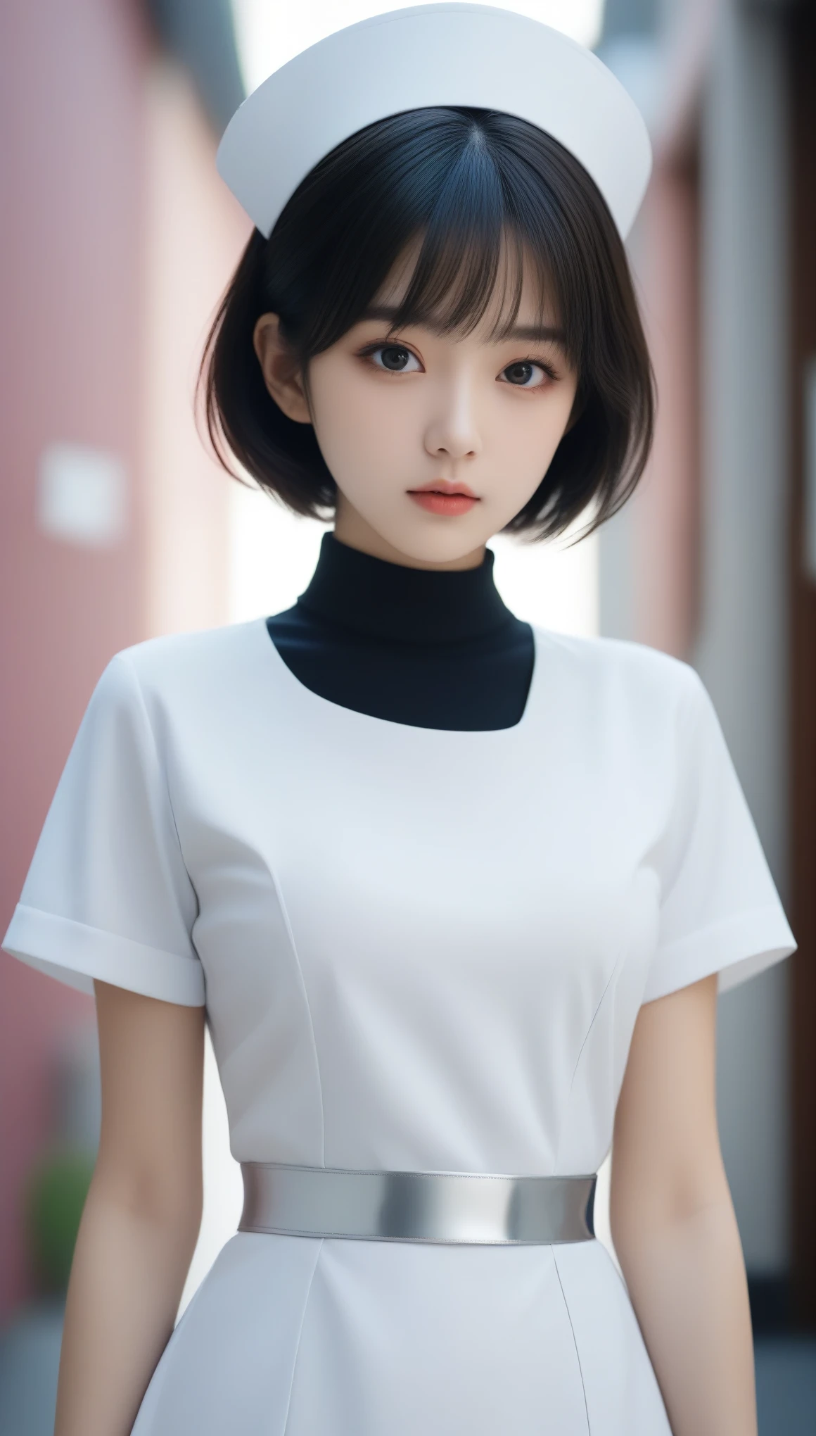 8k, Ultra-high resolution, Highest quality, masterpiece, 三分割法によるphotograph,Surreal, photograph, 1 , (:1.3), cute, cute顔, 細部までBeautiful Eyes, 細かくdetailedに,masterpiece,One Girl:1.2,Japanese women,nurse,upper body,glaring,Black short hair,Bowl cut,ID photo,((Fusion of humans and androids)),(Nurse uniform of the future:1.3),cyber punk,Eccentric,Medical Treatment Room,white collar,(Beautiful attention to detail),Subtle details, detailedな顔,anger,Attractive eyes,(ポートレートphotograph:1.4),(Photorealistic images:1.4),Fantasy art,(Beautiful Face:1.4),美しくAttractive eyes、Beautiful Eyes,Silver residue,(Tight waist:1.4)、(Beautiful with perfect body proportions:1.4),Pink Lips,profile,(((Ideal body type))),A-cup small breasts :2,、Portraiture:2、Perfect Anatomy、鮮明なdetailed、detailed,Fashion magazine cover,Thin lips,完璧でBeautiful Face ,完璧でcute顔, Skin with attention to detail, Perfect limbs、Narrow waist,Surreal,Light and shadow,spotlight