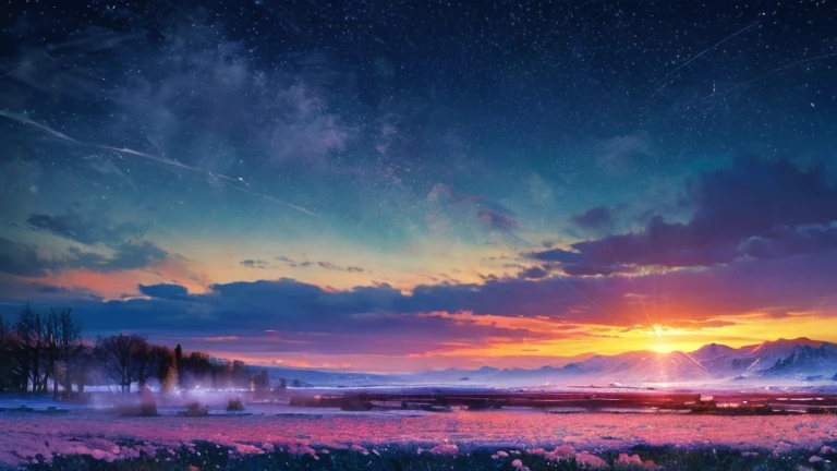 ((logo、masterpiece、8k、table top、RAW photo、wonderful、最high quality、Photorealistic and very detailed CG 8k wallpaper、high quality、very detailed、Narrative poem、particle effects、dynamic effects、character border depth、cinematic light、Lens flare、ray tracing、table top、real:1.4、ultra high resolution:1.2、real、real))、fantasy、night、wind、darkness、Snow and hoarfrost、frigid winter day、snow-capped mountainや森、hoarfrost、snow-capped mountain々、The beauty and brilliance of frost-covered trees、Silent and beautiful grasslands in a world of ice and snow、vast land、Lakeside、wonderful view、Beautiful natural wind scenery、Night Sky、wind、cherry blossoms、cherry blossoms花びら舞っている、cherry blossoms snowstorm、falling petals
