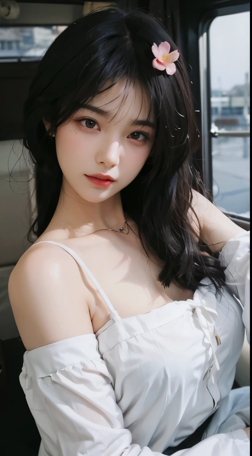 best quality，masterpiece，ultra high resolution，（In reality：1.4），1 girl，Large wavy curls，double eyelid，A pair of peach blossom eyes，pure，beautiful，cracker，choker necklace，Beloved，Snow White&#39;s translucent skin，Look straight at the viewer and hold your head up，On a yacht，Full of atmosphere，formal attire, tic, pure，hairpin：1.4，（upper part of the body：1.4），