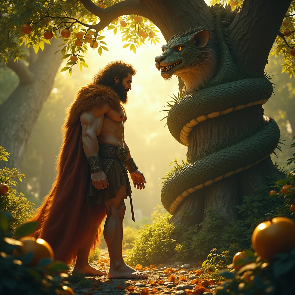 Hercules convincing Atlas to retrieve the Golden Apples, dressed in lion skin, Ancient Greece, lush garden with golden apples and a dragon coiled around a tree, handing the sky back to Atlas, wide shot, hyper-realistic, photo realism, cinematography --ar 1:1