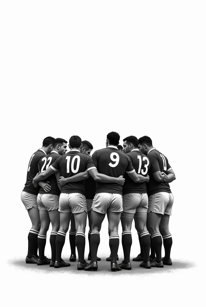 dessin noir et blanc d'une équipe de rugby qui se concentre en rond. Ils ont ont des maillot de rugby avec des numéros dans le dos