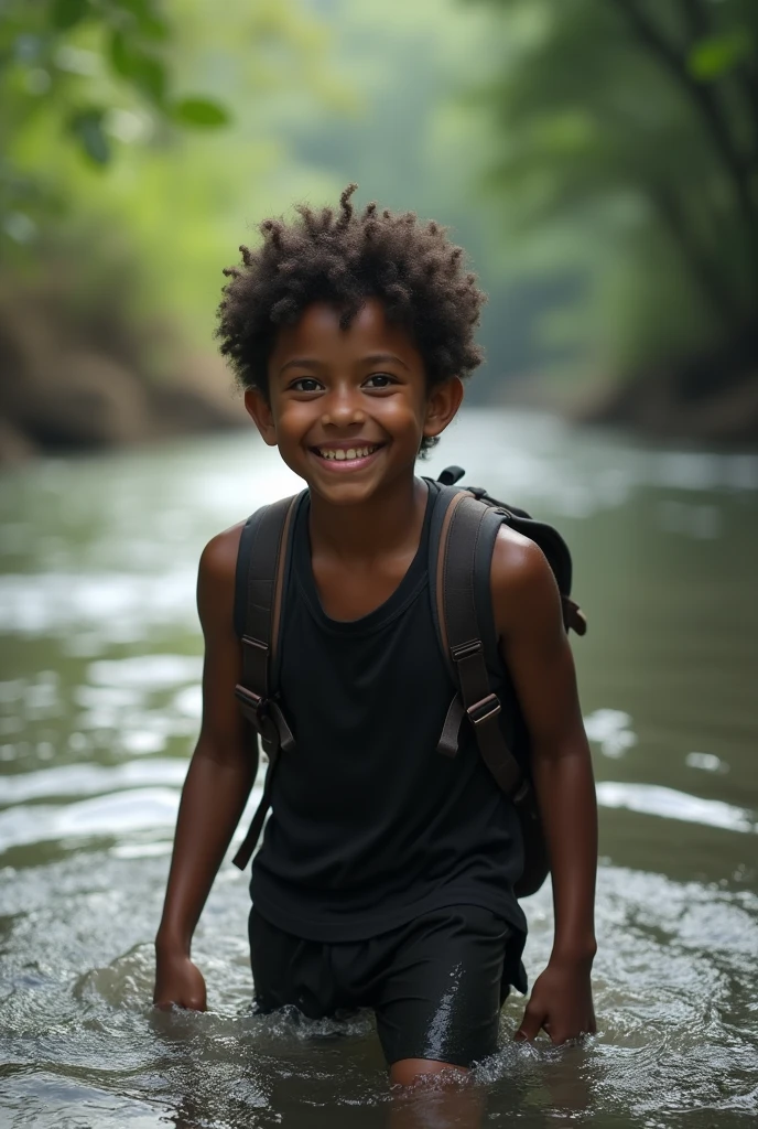 Photorealism 1.4 realistic realism high detailed definition Malaysian orang asli teen native aborigines wearing sleeveless black shirt short crossing river with backpack river with smile Face dark skin curly short hair 