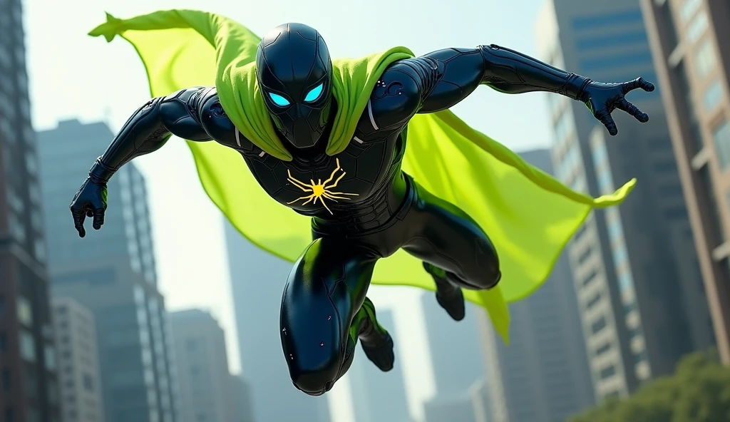 Create a superhero character called 'Techman', inspired by the style of Spider-Man. The character must wear a fitted outfit with predominant colors of dark blue and black., but with a vibrant color and highlighted as a central element. Add a lime green chroma-style cape or accessory, that stands out visually. The outfit must be modern and technological, with subtle details such as circuits and technological symbols, but without the spider symbol on the ?????. The Techman must have a dynamic and agile posture, with a confident and friendly expression. The background can be a futuristic urban setting, but the highlight should be on the lime green cape or accessory to ensure that it stands out in thumbnails and is easily recognized as the superhero that helps choose the best options.
Create an image of Techman in a jumping pose, as if jumping off a building or launching yourself through the air. The suit must have visible technological details, and the lime green cape or accessory should flutter in the wind. The Techman's expression should be focused and confident., with a futuristic city background below it.
