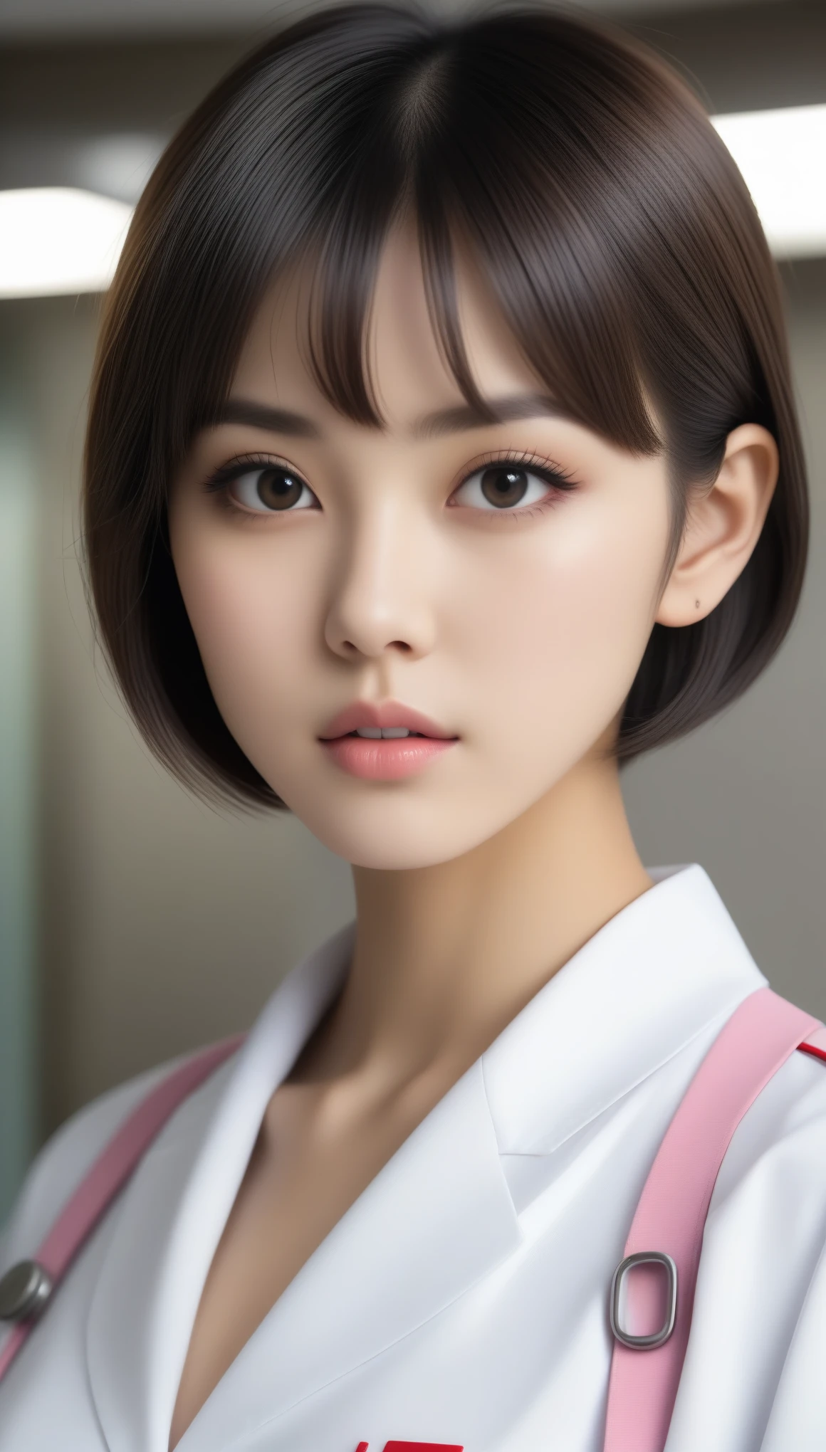 8k, Ultra-high resolution, Highest quality, masterpiece, 三分割法によるphotograph,Surreal, photograph, 1 , (:1.3), cute, cute顔, 細部までBeautiful Eyes, 細かくdetailedに,masterpiece,One Girl:1.2,Japanese women,nurse,upper body,glaring,Black short hair,Bowl cut,ID photo,((Fusion of humans and androids)),(Nurse uniform of the future:1.3),cyber punk,Eccentric,Medical Treatment Room,white collar,(Beautiful attention to detail),Subtle details, detailedな顔,anger,Attractive eyes,(ポートレートphotograph:1.4),(Photorealistic images:1.4),Fantasy art,(Beautiful Face:1.4),美しくAttractive eyes、Beautiful Eyes,Silver residue,(Tight waist:1.4)、(Beautiful with perfect body proportions:1.4),Pink Lips,profile,(((Ideal body type))),A-cup small breasts :2,、Portraiture:2、Perfect Anatomy、鮮明なdetailed、detailed,Fashion magazine cover,Thin lips,完璧でBeautiful Face ,完璧でcute顔, Skin with attention to detail, Perfect limbs、Narrow waist,Surreal,Light and shadow,spotlight