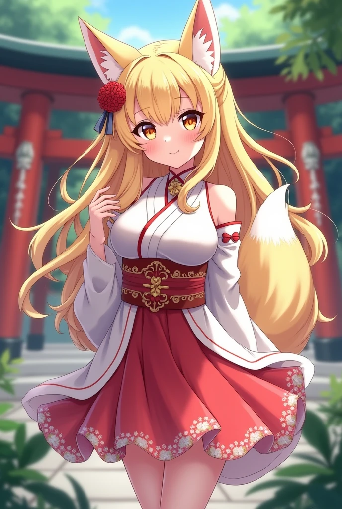 Shrine maiden costume、Blonde、Fox ears、Fox Tail、anime風、Manga style、Beauty、sauce_anime、sauce_comics、Background Shrine、Big Breasts