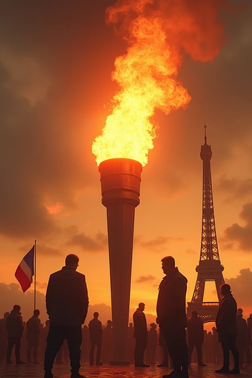 A giant torch representing freedom of speech, with the flame shaped like the Telegram logo. Silhouettes of people are protecting the flame from wind gusts labeled with words like 'Censorship', 'Government Control'. In the distance, the French flag and Eiffel Tower are visible.