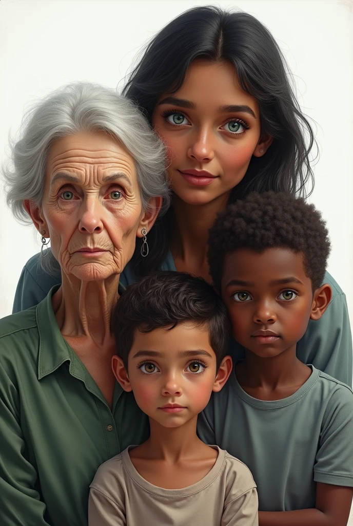 Grandma blue eyes white tea, mother green eyes white teas, eldest son white skin black eyes, youngest son black skin black eyes ( portrait) Puerto Ricans