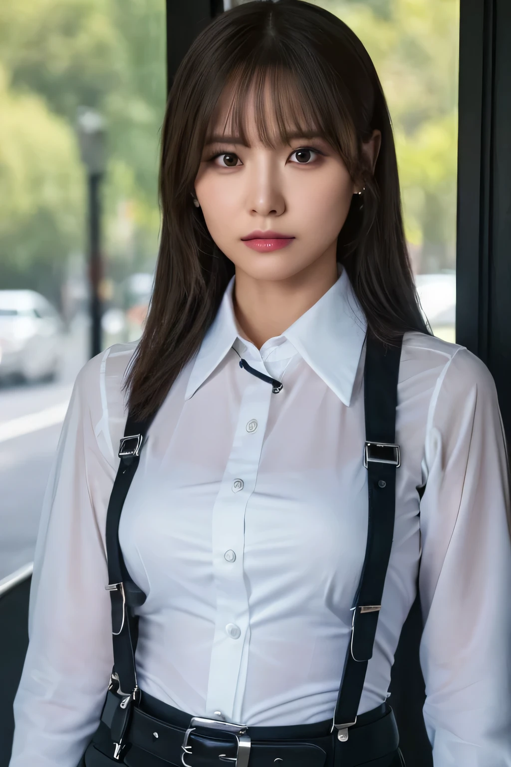 a woman in a suit, belt, hands behind back, sweating, suspenders, black pants, sexly, large breasts, see-through clothing, rain, detective, office worker, white button-up shirt, (best quality,4K,8k,highres,masterpiece:1.2),ultra-detailed,(realistic,photorealistic,photo-realistic:1.37),hyper-detailed,highly detailed face and body, Slender　thin　suspenders　Moderate breasts　See-through shirt　Nipples　holster　chain　Pistol　Armament　criminal　Female criminal　knife
