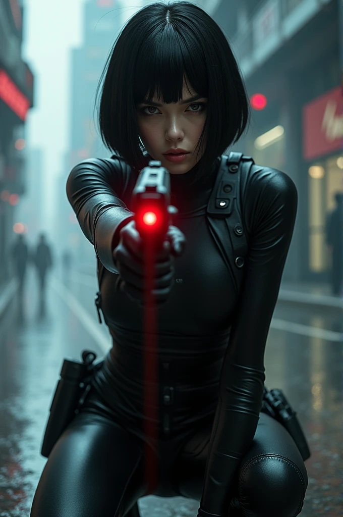  Quality,Mirror-like,Cinematic Experience,insanely detailed,absurdres),8k,wallpaper,,(Best illustrations:2.0),(One Woman:2.0),(Motoko Kusanagi:2.0),(Ghost in the Shell-style worldview:2.0),(Black tactical bodysuit:2.0),(Heavy black bulletproof vest:2.0),(Black gloves:2.0),(Short Bob:2.0),(Beautiful Eyes),(Detailed face),(Detailed female hand drawing:2.0),(sexy:2.0),(He kneels down and aims a pistol at me.:2.0),(Raise your right knee:2.0),(The background is Tokyo, where science and technology have developed.:2.0),(Drawing in monochrome:2.0),(sf:2.0),(A pistol with a laser pointer under the muzzle:2.0),(Point the red laser pointer on your pistol at me:2.0) Day light

