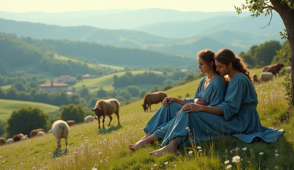 romantic greek shepherd couple in bluer clothes sitting on a hill with a lot of cows and sheeps in background renaissance cinematic