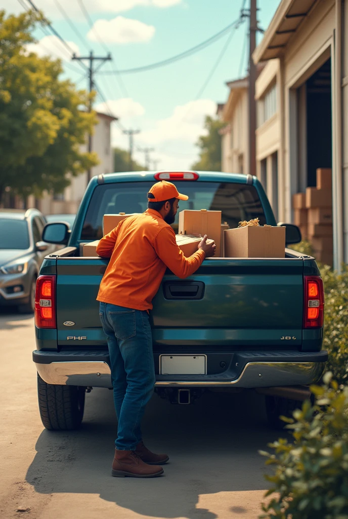 Pick up truck, person, picking up boxes, delivering, delivery’s, uniform