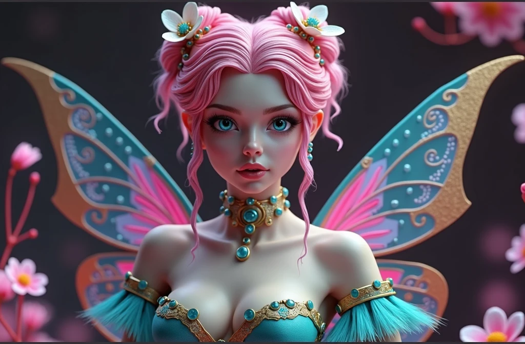 A 24K 3D HD hyper-realistic image of a Latin sexy fairy with neon pink hair adorned with petals and glistening pollen. She is wearing an elegant turquoise and gold outfit with intricate details. The fairy has mesmerizing eyes that sparkle like morning dew. She is standing in a dark fantasy setting with rich colors and textures. The image has a cinematic vibe with vibrant colors and intricate details.