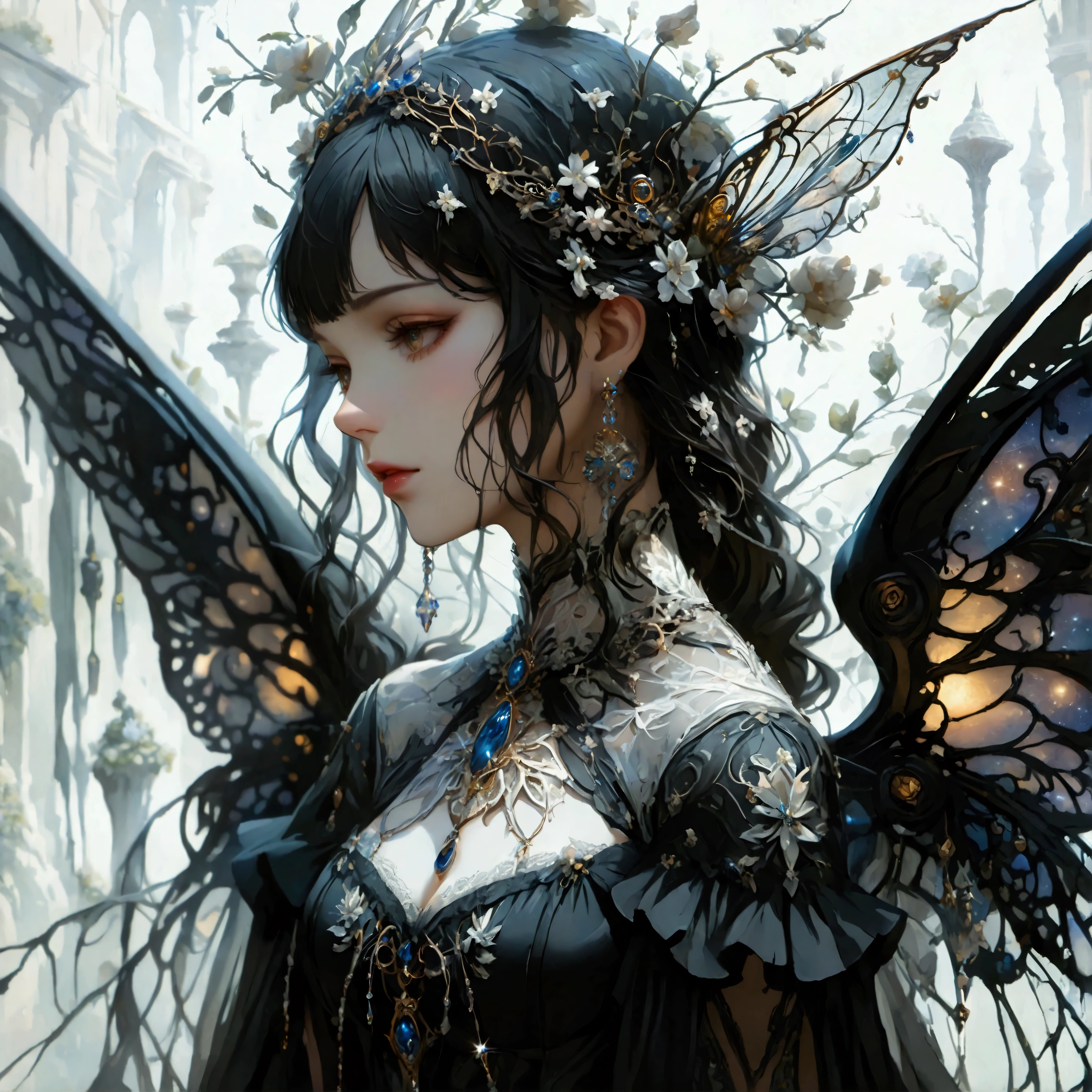 In a world where the elegance of a faded era meets the precision of mechanical innovation, a Gothic ta girl stands as a living testament to this haunting beauty. Her long black hair drapes luxuriously around her shoulders, a silken veil of night that enhances the alabaster fragile elegance of her complexion. Her dress, a cascade of deep black fabric intricately entwined with lace and satin, whispers of a time once filled with grandeur and sophistication. Her mechanical wings, a marvel of artistry and technological prowess, spread wide in a magnificence that defies conventional beauty—their metallic feathers etched with ornate details that glint like starlight in the decadent gloom of her surroundings. She inhabits a space that breathes decay; fragments of marbled elegance and ghostly echoes of an opulent past cradle her form, shaping an ambiance of poetic disarray. Each movement she makes tells a tale of gracefully enduring time, a symphony of elegance and resilience set against the melancholic serenade of inevitable decay. Her eyes, dark and fathomless, capture the melancholic essence of a world forever caught between its past grandeur and the mechanical marvels of an evolving future.,artwork,rendering,(masterpiece:1.3),(highest quality:1.4),(Super detailed:1.5),High resolution,Very detailed,unity 8k wallpaper