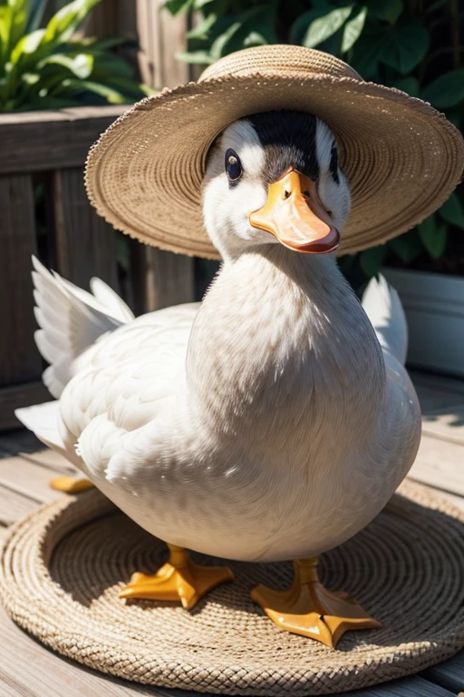 create the image of a duck with a straw hat