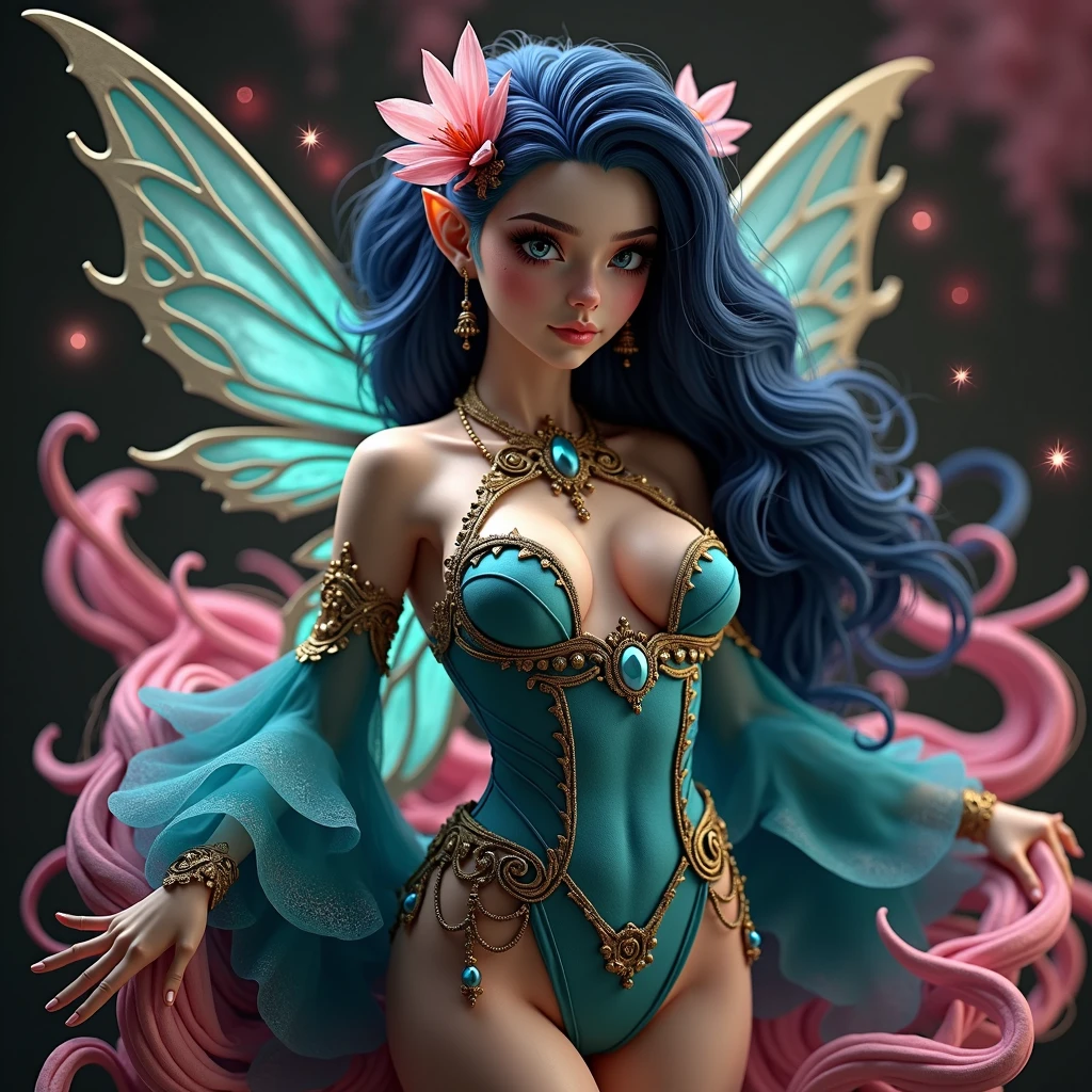 A 24K 3D HD hyper-realistic image of a Latin sexy fairy with neon pink hair adorned with petals and glistening pollen. She is wearing an elegant turquoise and gold outfit with intricate details. The fairy has mesmerizing eyes that sparkle like morning dew. She is standing in a dark fantasy setting with rich colors and textures. The image has a cinematic vibe with vibrant colors and intricate details.