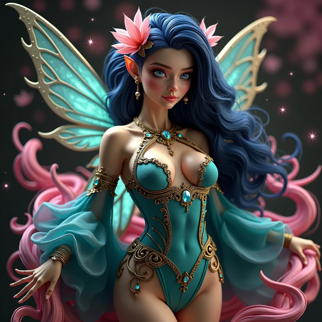 A 24K 3D HD hyper-realistic image of a Latin sexy fairy with neon pink hair adorned with petals and glistening pollen. She is wearing an elegant turquoise and gold outfit with intricate details. The fairy has mesmerizing eyes that sparkle like morning dew. She is standing in a dark fantasy setting with rich colors and textures. The image has a cinematic vibe with vibrant colors and intricate details.